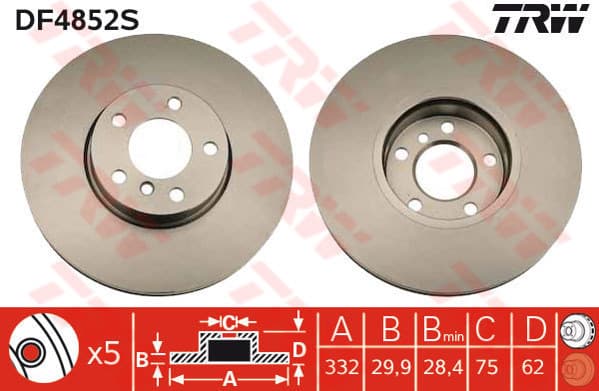 TRW Bremsscheibe DF4852S belüftet Durchmesser 332 Stärke 29,9 mm 5 Bohrungen