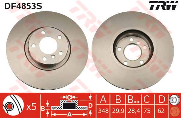 TRW disque de frein DF4853S ventilé diamètre 348 épaisseur 30 mm 5 trous