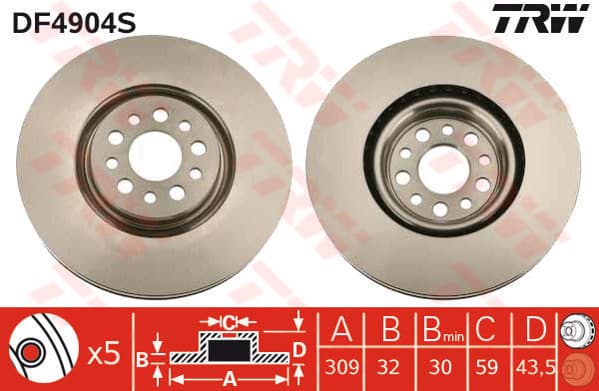 TRW Bremsscheibe DF4904S belüftet Durchmesser 310 Stärke 32 mm 5 Bohrungen