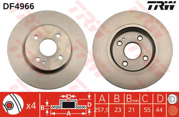 TRW Bremsscheibe DF4966 belüftet Durchmesser 258 Stärke 23 mm 4 Bohrungen