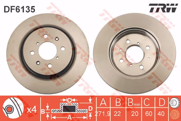 TRW disque de frein DF6135 ventilé diamètre 272 épaisseur 22 mm 4 trous
