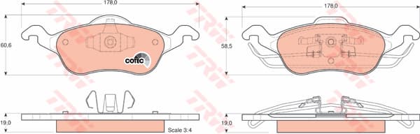 TRW plaquettes de frein GDB1358 178x58,5 épaisseur 19 mm prévu témoin