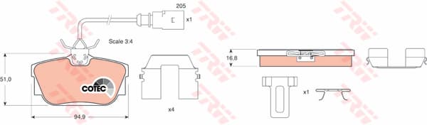 TRW Bremsbeläge GDB1369 94,9x51 Stärke 16,8 mm mit Warnkontakt