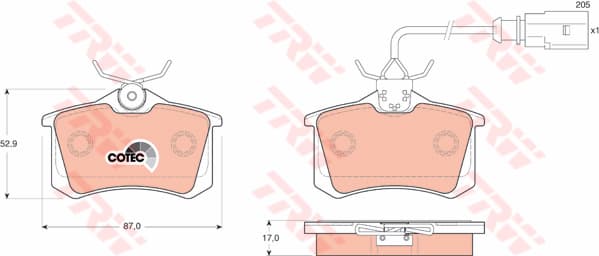 TRW plaquettes de frein GDB1415 87x52,9 épaisseur 17 mm avec témoin