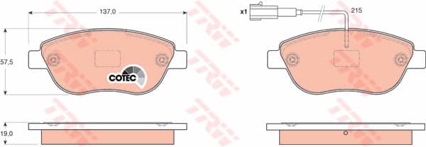 TRW plaquettes de frein GDB1655 137x57,5 épaisseur 19 mm avec témoin
