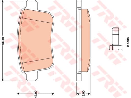 TRW Bremsbeläge GDB1786 95,4x43,9 Stärke 16 mm für Warnkontakt