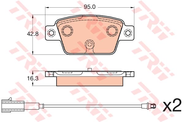 TRW Bremsbeläge GDB2054 95x42,9 Stärke 16,3 mm mit Warnkontakt