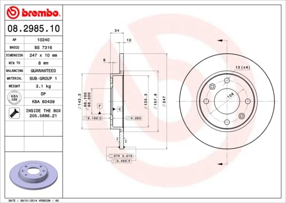 BREMBO disque de frein 08.2985.10 plein diamètre 247 épaisseur 10 mm 4 trous