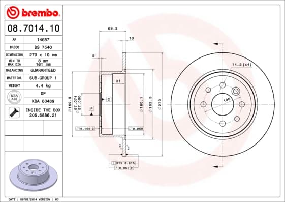 BREMBO Bremsscheibe 08.7014.10 voll Durchmesser 270 Stärke 10 mm 4 Bohrungen