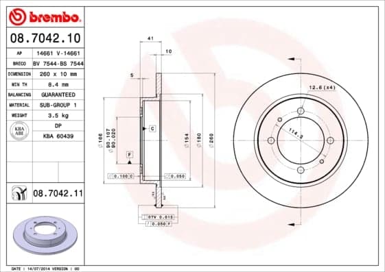 BREMBO Bremsscheibe 08.7042.11 voll Durchmesser 260 Stärke 10 mm 4 Bohrungen