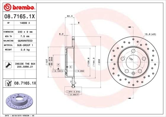 BREMBO Bremsscheibe 08.7165.1X gelocht Durchmesser 230 Stärke 9 mm 5 Bohrungen