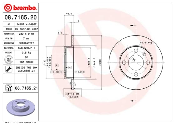 BREMBO Bremsscheibe 08.7165.21 voll Durchmesser 230 Stärke 9 mm 4 Bohrungen