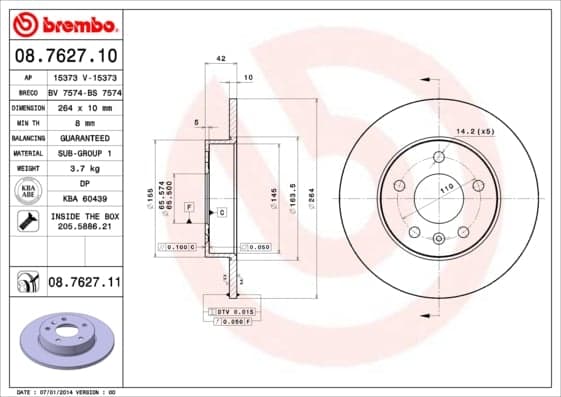 BREMBO disque de frein 08.7627.11 plein diamètre 264 épaisseur 10 mm 5 trous