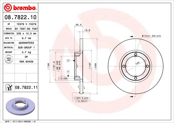 BREMBO Bremsscheibe 08.7822.10 voll Durchmesser 236 Stärke 12,5 mm 4 Bohrungen