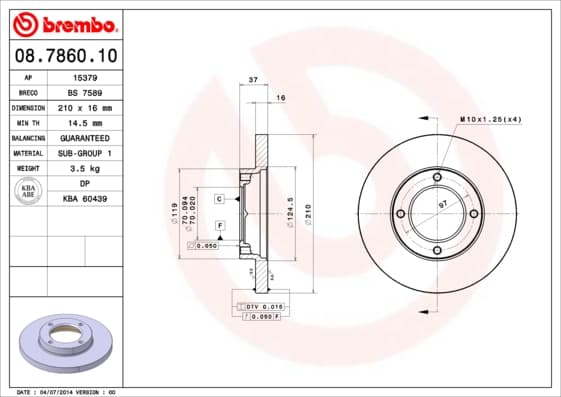 BREMBO Bremsscheibe 08.7860.10 voll Durchmesser 210 Stärke 16 mm 4 Bohrungen