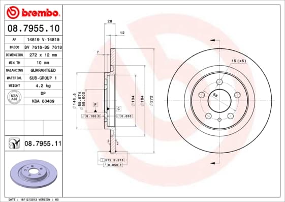 BREMBO disque de frein 08.7955.11 plein diamètre 272 épaisseur 12 mm 5 trous