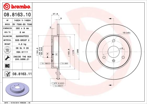 BREMBO Bremsscheibe 08.8163.11 voll Durchmesser 280 Stärke 9 mm 3 Bohrungen