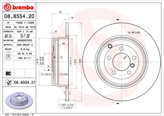 BREMBO Bremsscheibe 08.8554.21 voll Durchmesser 354 Stärke 12 mm 5 Bohrungen