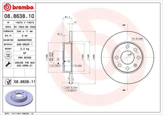 BREMBO disque de frein 08.8638.11 plein diamètre 240 épaisseur 11 mm 4 trous