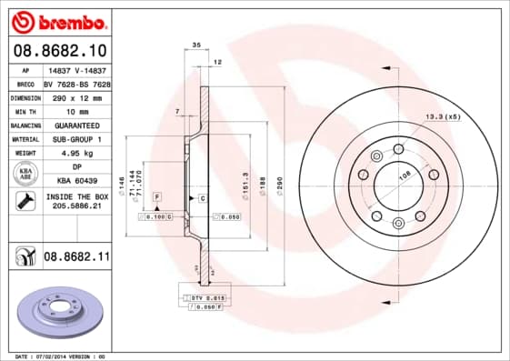 BREMBO Bremsscheibe 08.8682.10 voll Durchmesser 290 Stärke 12 mm 5 Bohrungen