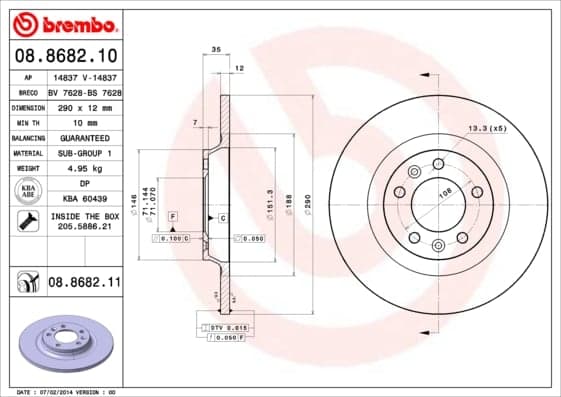 BREMBO Bremsscheibe 08.8682.11 voll Durchmesser 290 Stärke 12 mm 5 Bohrungen