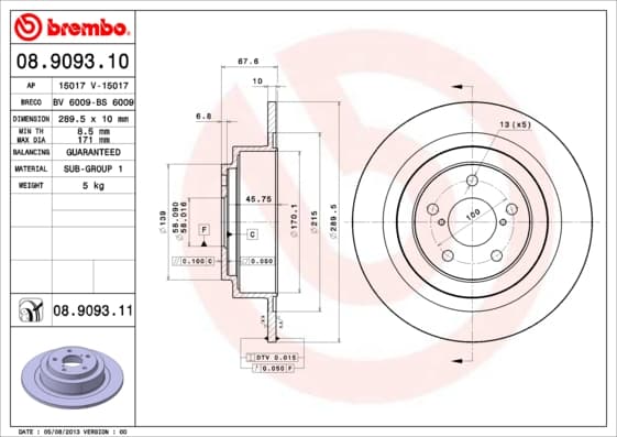 BREMBO Bremsscheibe 08.9093.10 voll Durchmesser 289,5 Stärke 10 mm 5 Bohrungen