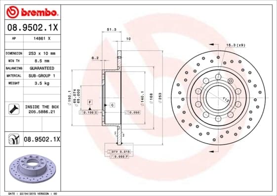 BREMBO disque de frein 08.9502.1X percé diamètre 253 épaisseur 10 mm 5 trous