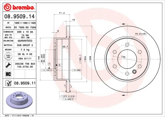 BREMBO disque de frein 08.9509.11 plein diamètre 298 épaisseur 16 mm 6 trous