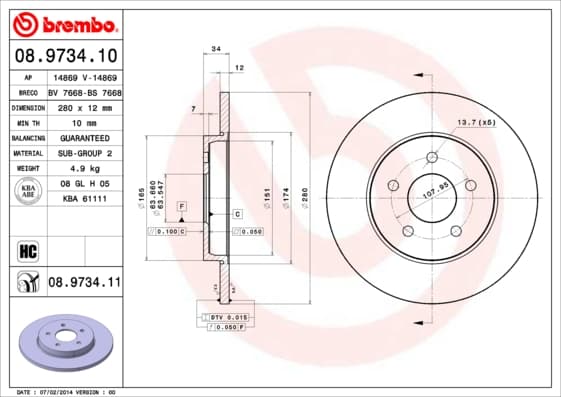 BREMBO Bremsscheibe 08.9734.11 voll Durchmesser 280 Stärke 12 mm 5 Bohrungen
