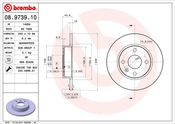 BREMBO disque de frein 08.9739.10 plein diamètre 240 épaisseur 10 mm 4 trous