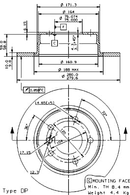 BREMBO disque de frein 08.9787.10 plein diamètre 280 épaisseur 10 mm 5 trous