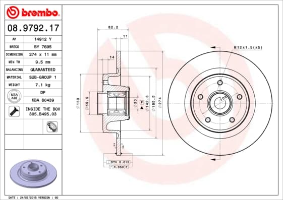 BREMBO disque de frein 08.9792.17 plein diamètre 274 épaisseur 11 mm 5 trous