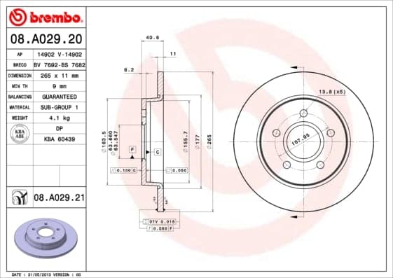 BREMBO Bremsscheibe 08.A029.20 voll Durchmesser 265 Stärke 11 mm 5 Bohrungen