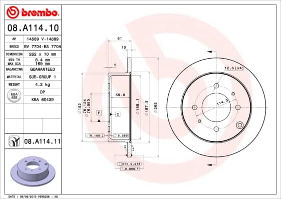 BREMBO Bremsscheibe 08.A114.10 voll Durchmesser 262 Stärke 10 mm 4 Bohrungen