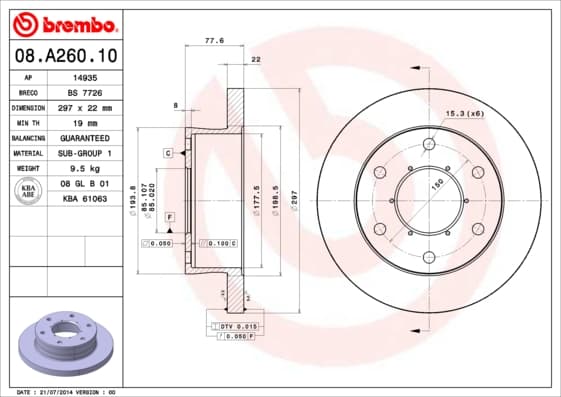 BREMBO Bremsscheibe 08.A260.10 voll Durchmesser 297 Stärke 22 mm 6 Bohrungen
