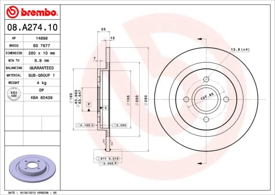 BREMBO disque de frein 08.A274.10 plein diamètre 280 épaisseur 10 mm 4 trous