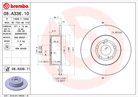 BREMBO Bremsscheibe 08.A336.10 voll Durchmesser 271 Stärke 10 mm 5 Bohrungen