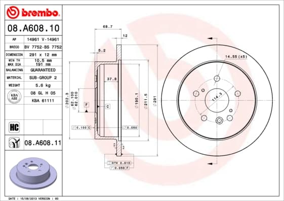 BREMBO Bremsscheibe 08.A608.10 voll Durchmesser 291 Stärke 12 mm 5 Bohrungen