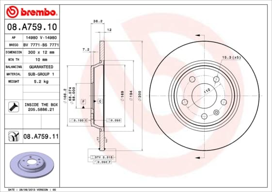 BREMBO Bremsscheibe 08.A759.11 voll Durchmesser 300 Stärke 12 mm 5 Bohrungen