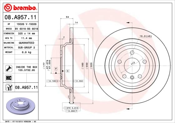 BREMBO Bremsscheibe 08.A957.11 voll Durchmesser 325 Stärke 14 mm 5 Bohrungen