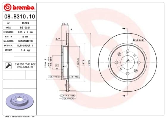 BREMBO Bremsscheibe 08.B310.10 voll Durchmesser 260 Stärke 9 mm 4 Bohrungen