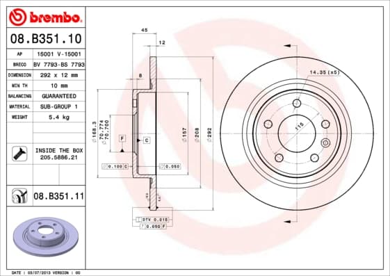 BREMBO Bremsscheibe 08.B351.11 voll Durchmesser 292 Stärke 12 mm 5 Bohrungen