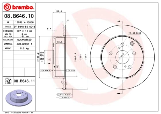 BREMBO disque de frein 08.B646.11 plein diamètre 297 épaisseur 11 mm 5 trous