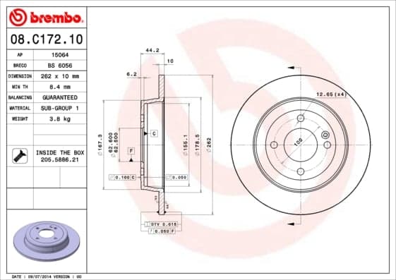 BREMBO Bremsscheibe 08.C172.10 voll Durchmesser 262 Stärke 10 mm 4 Bohrungen