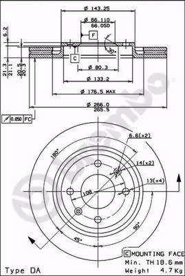 BREMBO disque de frein 09.4987.21 ventilé diamètre 266 épaisseur 20,5 mm 4 trous