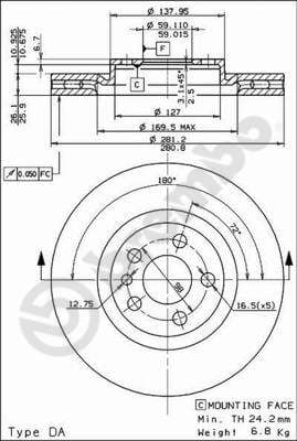 BREMBO disque de frein 09.5180.24 ventilé diamètre 281 épaisseur 26 mm 5 trous