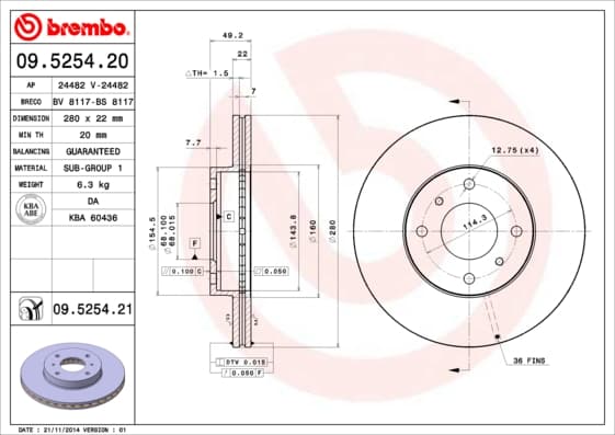 BREMBO disque de frein 09.5254.20 ventilé diamètre 280 épaisseur 22 mm 4 trous
