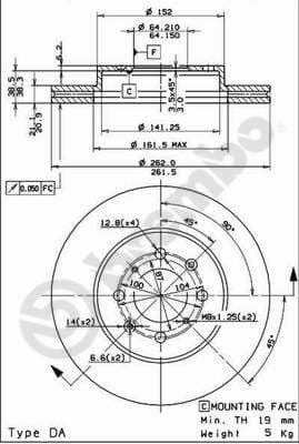 BREMBO disque de frein 09.5509.11 ventilé diamètre 262 épaisseur 21 mm 4 trous