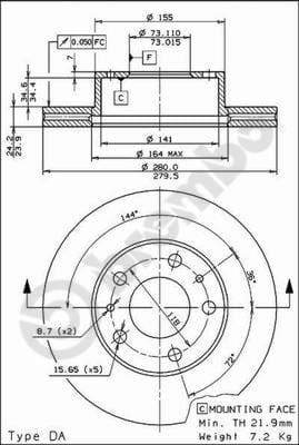 BREMBO disque de frein 09.5904.14 ventilé diamètre 280 épaisseur 24 mm 5 trous