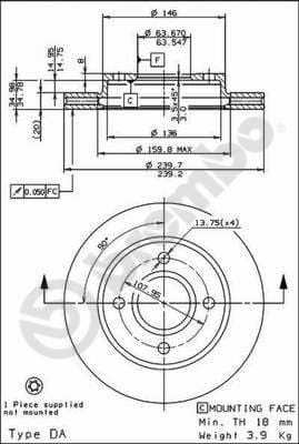 BREMBO Bremsscheibe 09.6727.34 belüftet Durchmesser 239,5 Stärke 20 mm 4 Bohrungen